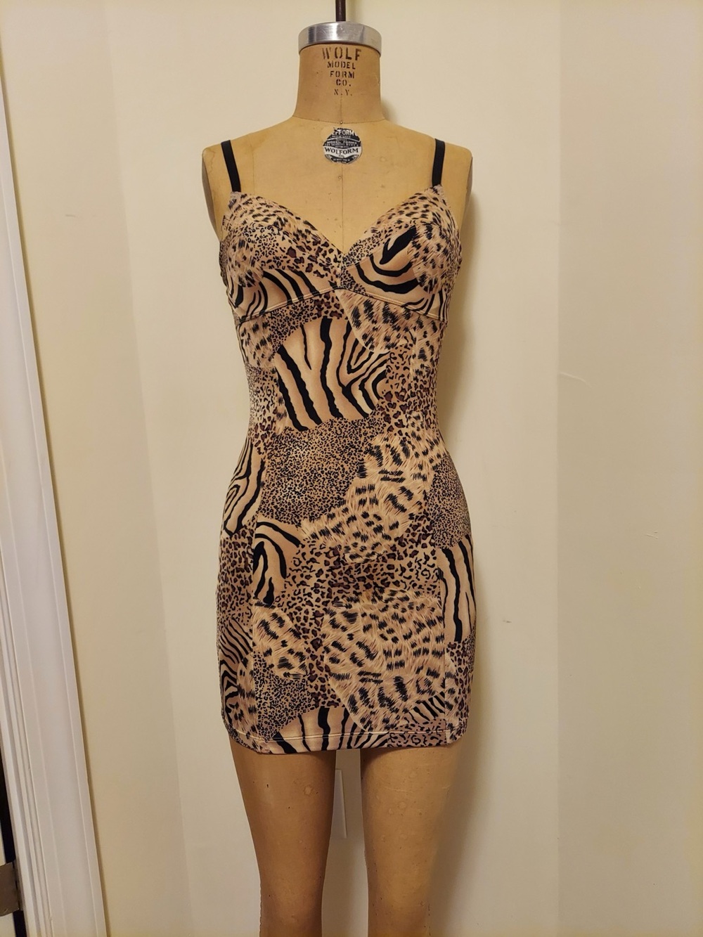 Animal Print Mini Dress in Beige and Black